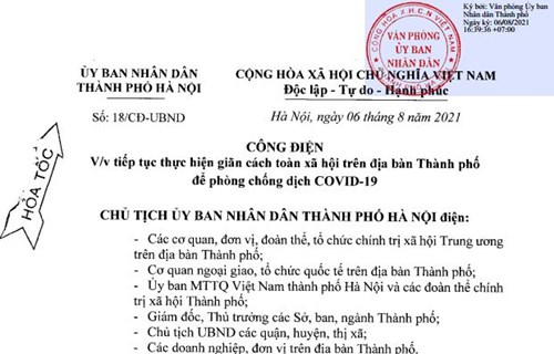 Công điện 18 của Chủ tịch UBND Thành phố Hà Nội về việc tiếp tục thực hiện giãn cách toàn xã hội trên địa bàn Thành phố để phòng chống dịch COVID-19