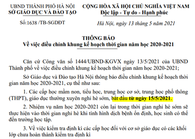 Học sinh Hà Nội được nghỉ hè từ ngày 15/05/2021 do Sở điều chỉnh khung thời gian năm học 2020-2021